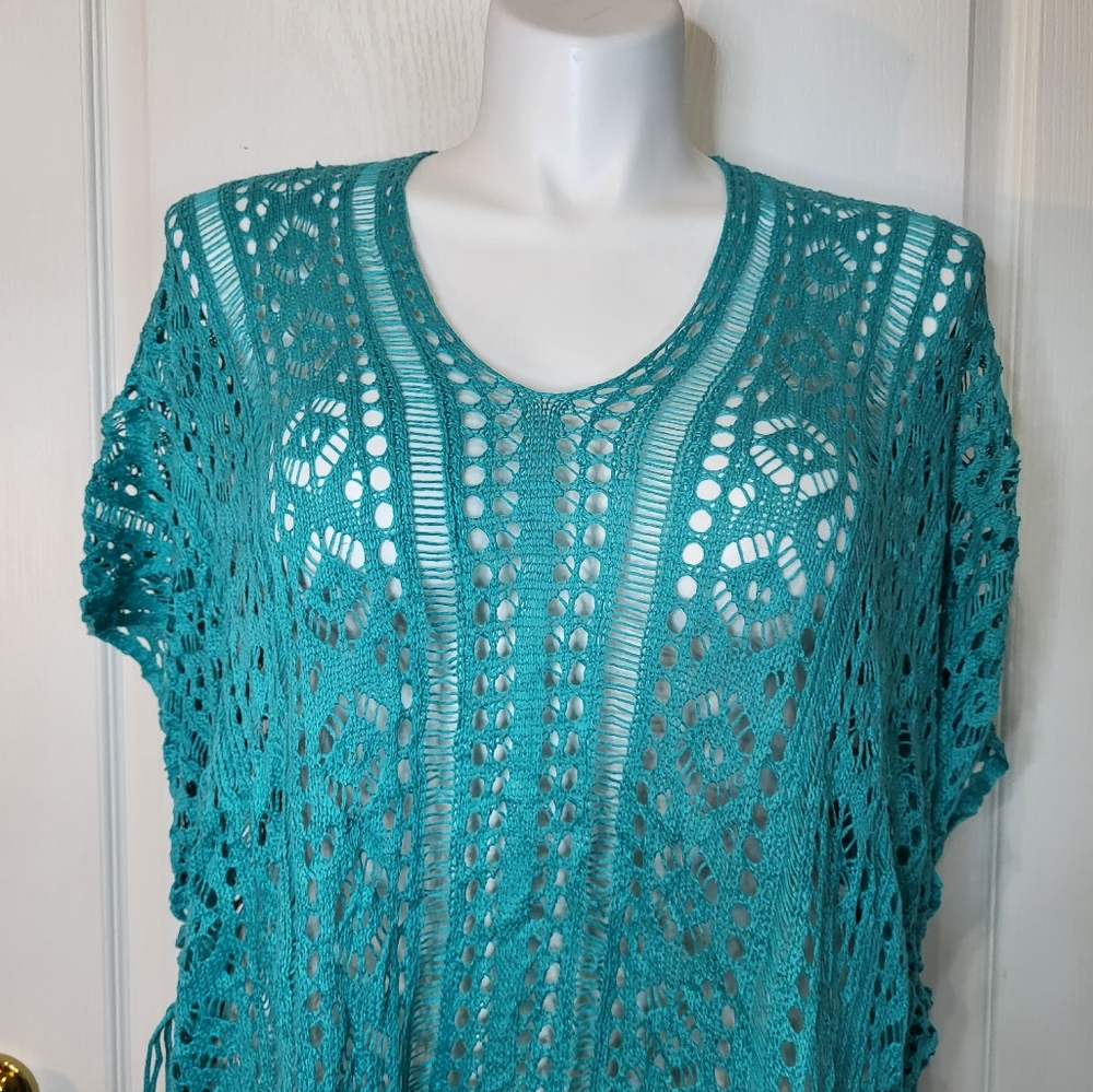 My Boutique Teal Crochet Swim Cover Up Top - Picture 3 of 11